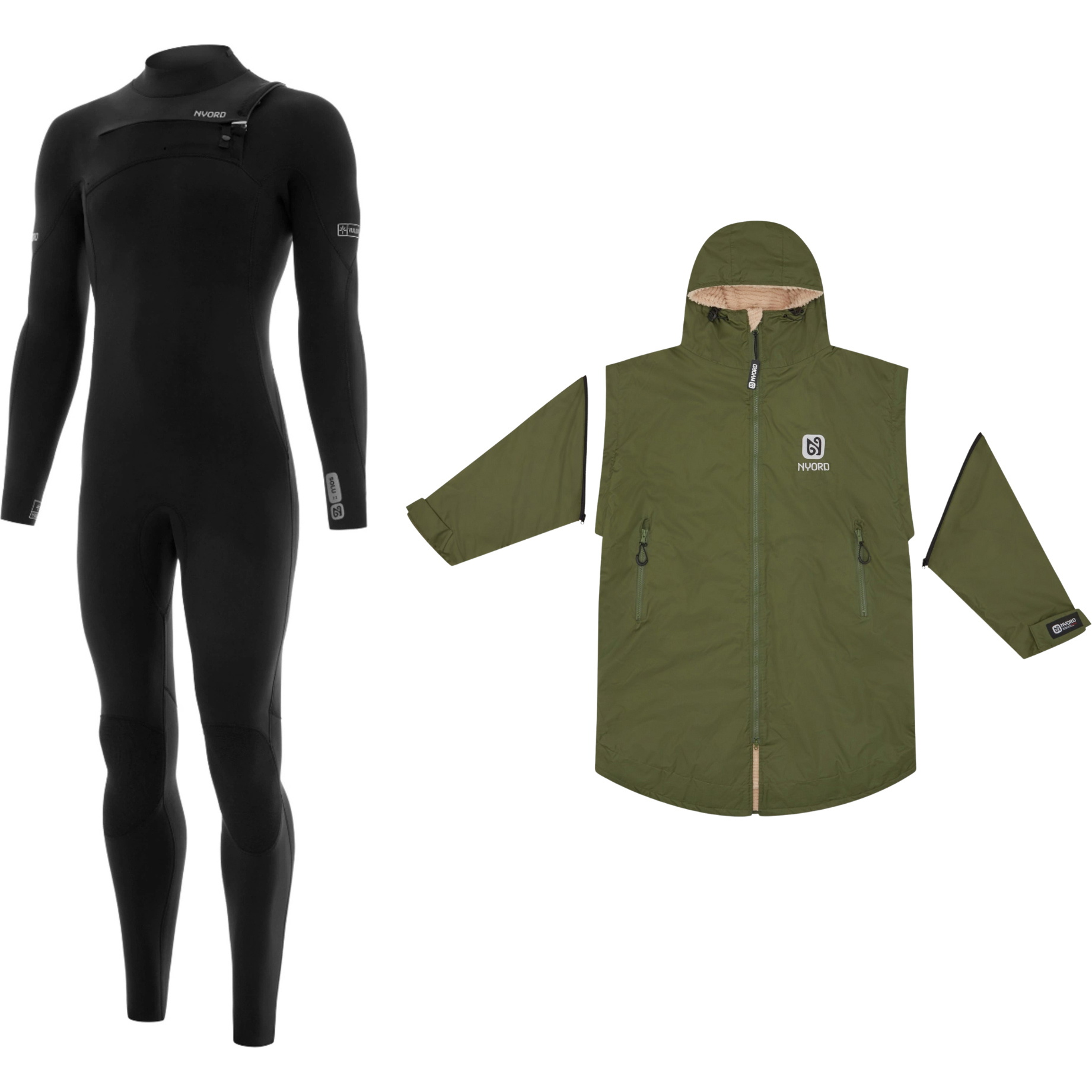 2026 Nyord Hombres Solu Yulex 5/4mm Chest Zip Neopreno & Change Robe Bundle SOLM540001NCR - Black / Green